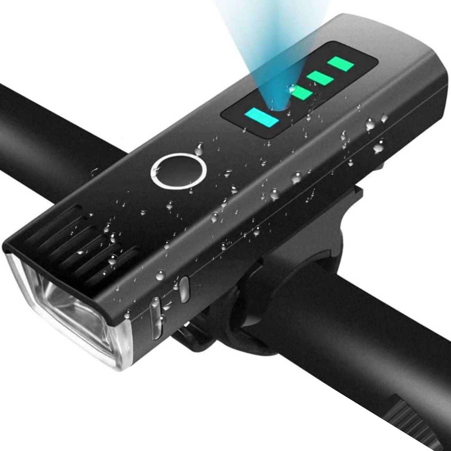A rechargeable front light on a bike handlebar